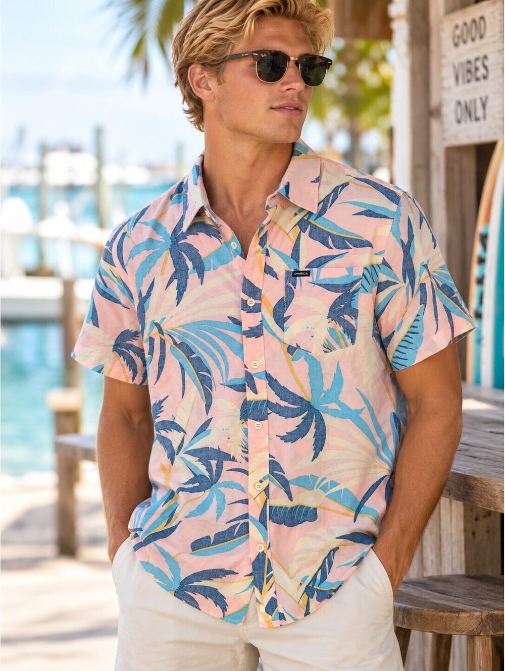 O’Neill Oasis Eco Standard Fit Tropical Print Button Up Shirt Small